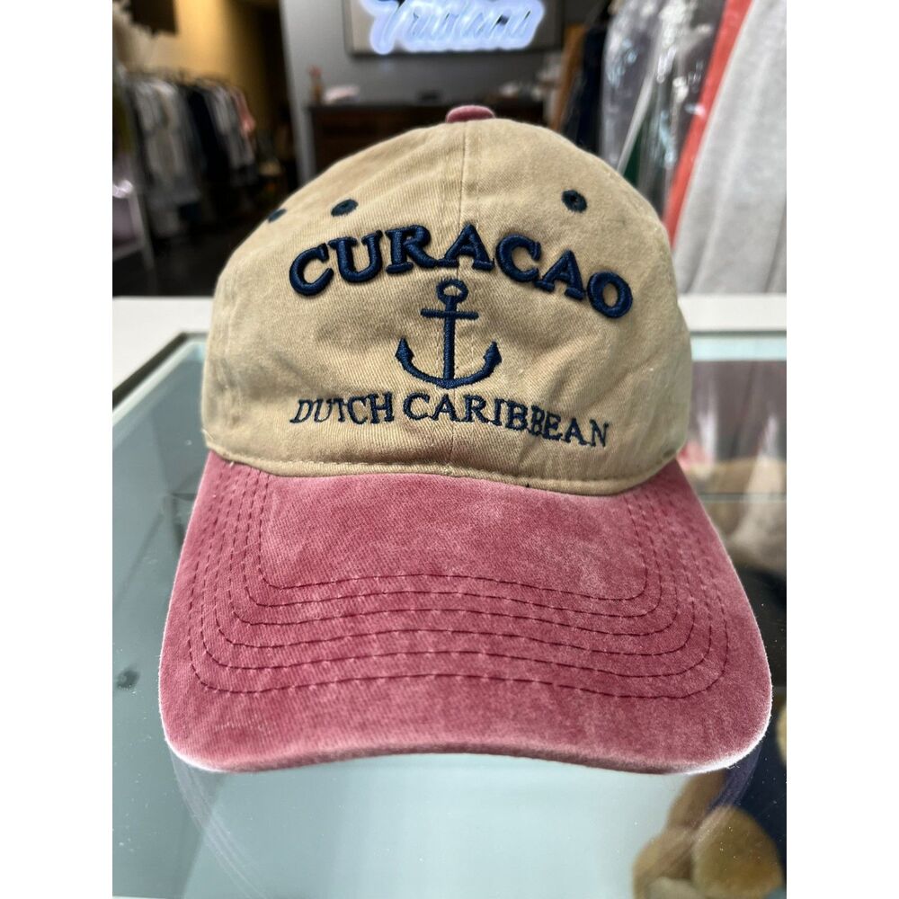 Vintage Unisex Curacao Dutch Caribbean baseball Hat One Size khaki/Red